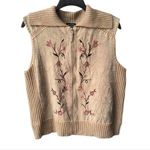 Designers Originals Tan Boho Fest Floral Embroidered Suede Sweater Zip Up Vest L
